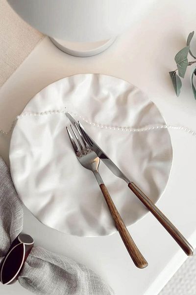Anadolu Saray Set of 2 19cm Matte Ceramic White Wrinkle Design Handmade Cake Food Presentation Plate Dessert Breakfast Plate