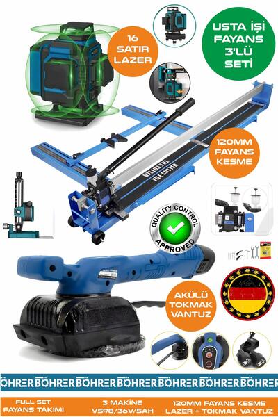 BÖHRER Alman Pro BA01076M 3'lü Usta Fayans Seti - 120mm Fayans Kesme + Tokmak Vantuz + 16 Satır LAzer Hizal