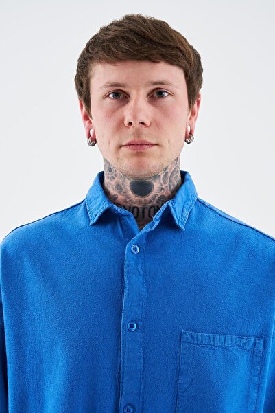 Machinist Men's Effected Washed Basic Long Sleeve Soft Blue Shirt