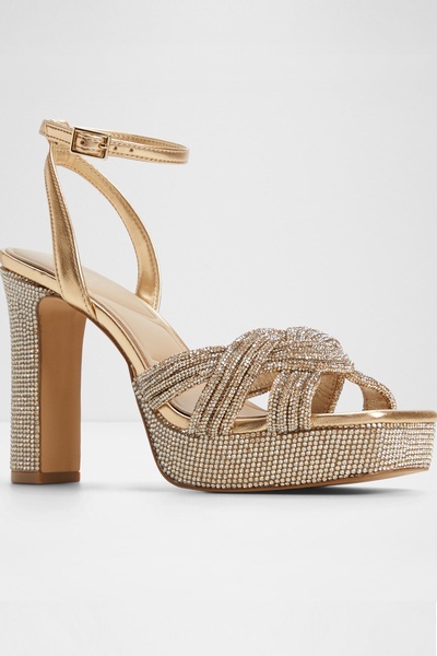 Aldo Shimma - Sandale cu toc bloc auriu din piele artificială pentru femei