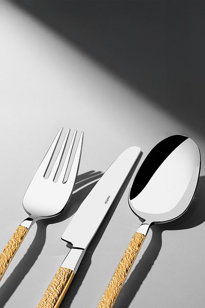 Nehir Lyon Gold Plain 12-Person 84-Piece Leather Boxed Cutlery Set