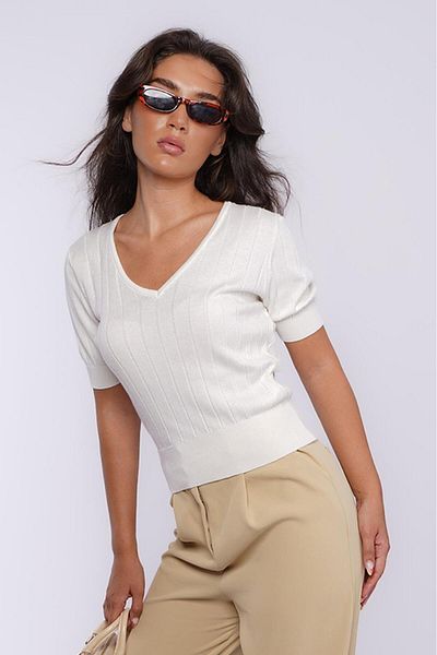 Madmext Ecru V-Neck Knitted Women's Knitwear T-Shirt Mg2369