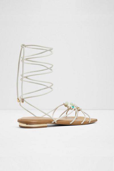 Aldo Nırena - Women's Faux Leather White-Ecru Lace-Up Flat Sandals