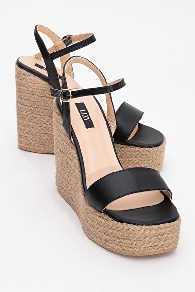 Lizy Shoes Sandale de damă din piele naturală neagră, cu talpă din paie și to...