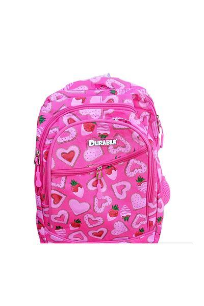Durable School bag for girls, 6-12 years old, 4 compartments, 2 side pockets, Hearts, Pink