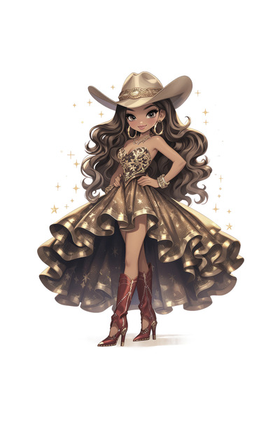 Reysa Tasarım Kahverengi Çizmeli Yıldızlı Elbiseli Kovboy Kız Duvar Stickerı