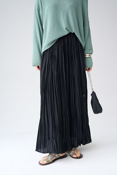 Qu Style High Waist Pleated Long Skirt Black