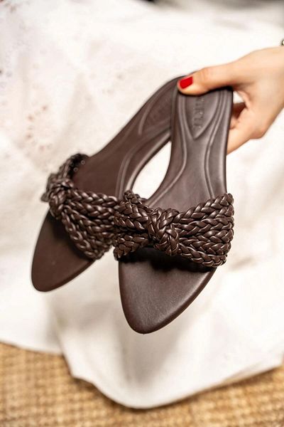 LamintaGlobal Mi̇ri̇m Aci Brown Knitted Detail Women's Slippers