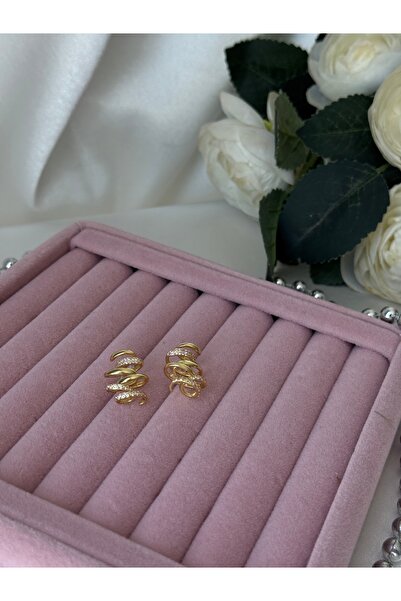 JEWELRY Özel Seri Altın Renkli Yuvarlak Kıvrımlı Zirkon Taşlı Tasarım Model Rodyum Kaplama VIP Küpe