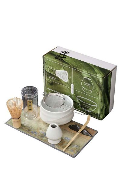 Saharaz Matcha Set of Seven,with Ceramic Bowl, Filter, Scoop, Prong Bamboo Matcha Whisk and Holder