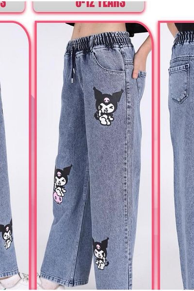 SANTRALBEBE Girl's Kuromi Embroidered Wide Leg Elastic Waist Trousers