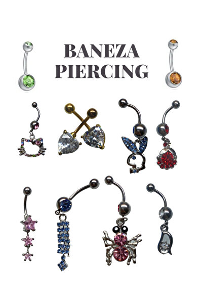 BANEZA Taşlı ve Sallantılı Değişik Modellerde 10 Adet Göbek Piercing