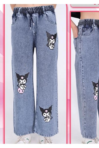 SANTRALBEBE Girl's Kuromi Embroidered Wide Leg Elastic Waist Trousers