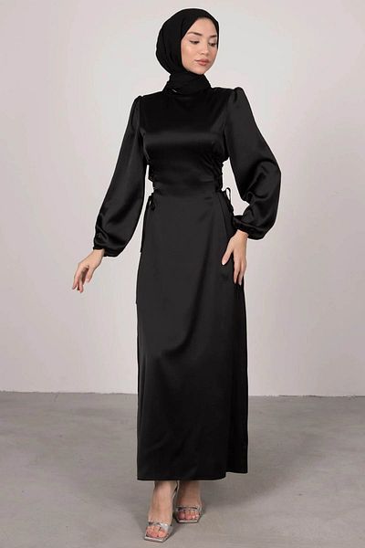 Tesettür Diyarı Γυναικείο Βραδινό Φόρεμα Σατέν Hijab με Σταυρό Πλαϊνό - Μαύρο
