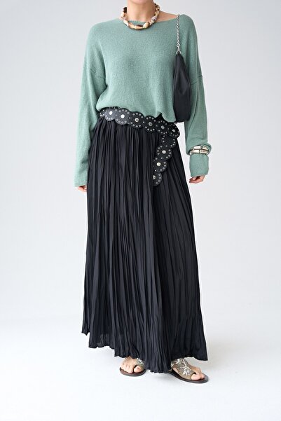 Qu Style Fusta lungă plisată cu talie înaltă neagră