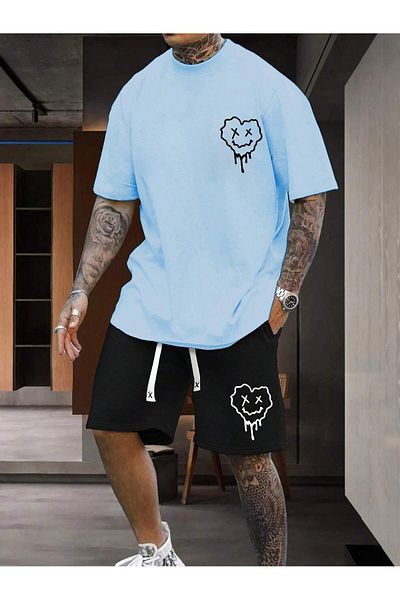LUNAVISTA Men's Cartoon Graphic T-Shirt and Lace-Up Shorts
