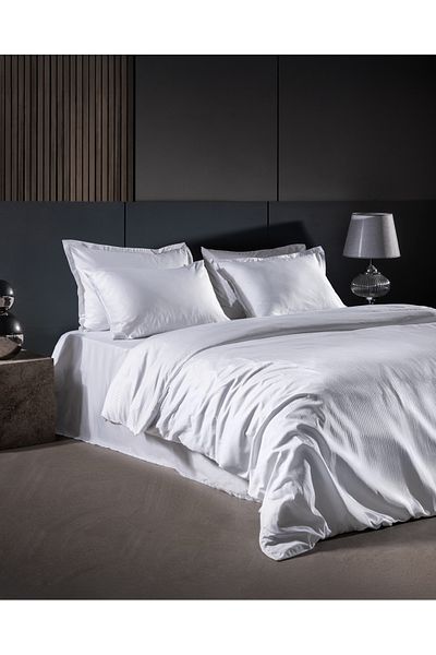 Madame Coco Thalie King Size 100% Cotton Striped - 300Tc Satin Duvet Cover Set - White