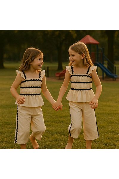 Cool and Shark Girls' Bottom-Top Set Color Block Pants Blouse Set