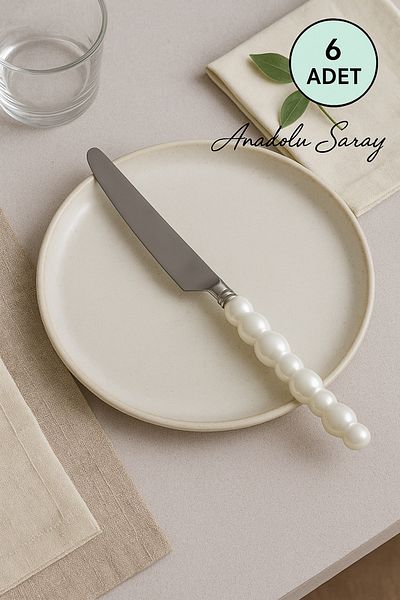 Anadolu Saray Set of 6 White Pearl Stone Detailed Dinner Knives |   6 Pieces Luxury Pearl Dinner Knife Set
