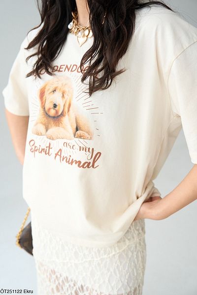 Qu Style Dog Graphic Printed Oversize T-Shirt Cream
