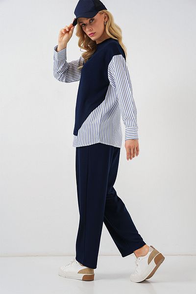 Bigdart Γυναικείο ριγέ υφαντό διπλό κοστούμι 6750 - Navy Blue