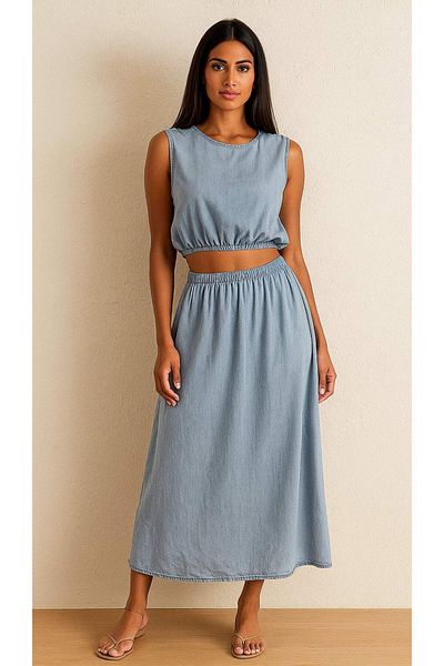 STLB Elastic Waist Sleeveless Blouse and Skirt Suit (Imported)