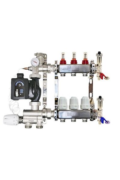 Daver Set distribuitor 1" / 3 circuite, grup de amestec reversibil cu cap termostatic si senzor cu reglaj