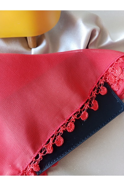 Pervin Ablacım Red Chiffon Scarf Edge Crochet Yarnwork Four Sides Handwork Eyelet Made