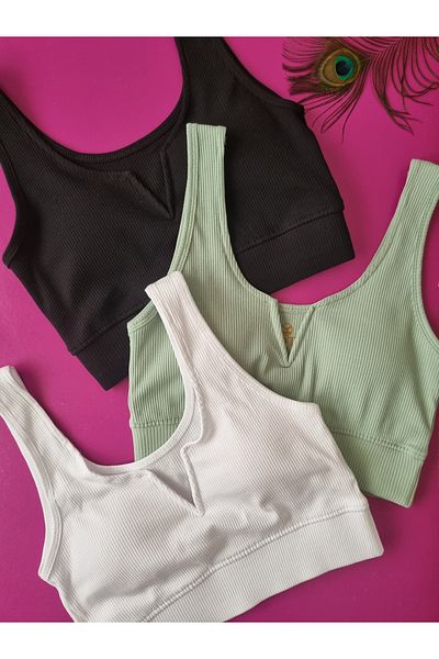 Demirsa Boutique Women's Bustier with Model, Ribbed 3 Pieces White, Green and Black Color Removable and Attachable Pads