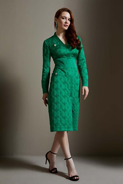 SERPİL Yırtmaçlı Kadın Elbise - Taş Düğmeli - Modern ve Şık - Ofis ve Davet Şıklığı için Elbise