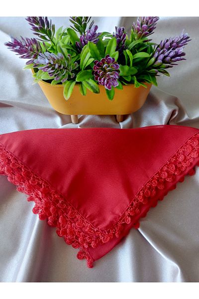 Pervin Ablacım Red Chiffon Scarf Edge Crochet Yarnwork Four Sides Handwork Eyelet Made