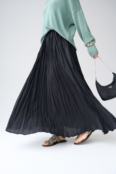 Qu Style High Waist Pleated Long Skirt Black