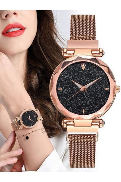MACON Rhinestone Decor Round Dial Zinc Alloy Strap Quartz Watch with Luminous Bracelet Set - Gold