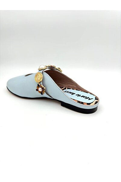 Mariolucci Kadın Günlük Taş Aksesuarlı Terlik (Leopar) Hakiki Bebe Mavisi Deri