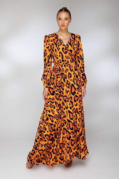 Atmosphere Fashion Rochie lungă portocalie petrecută cu imprimeu animal print