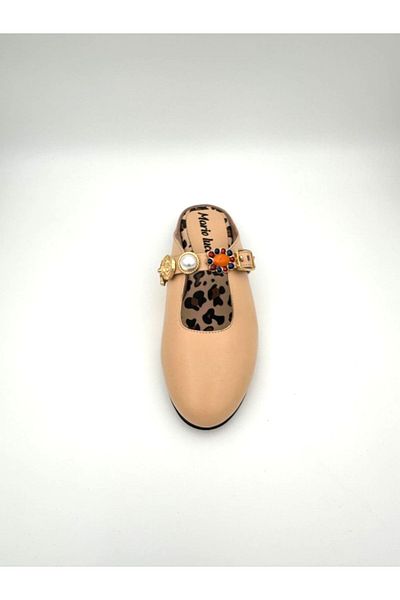 Mariolucci Women's Daily Stone Accessory Slippers (Leopard) Genuine Dark Beige Leather