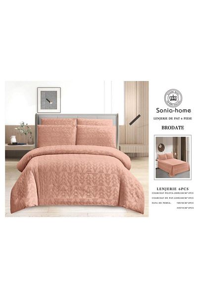 sonia home damasc Embroidered Cotton Bed Linen, Geometric Design, 6 Pieces - Sonia Home Design - Salmon