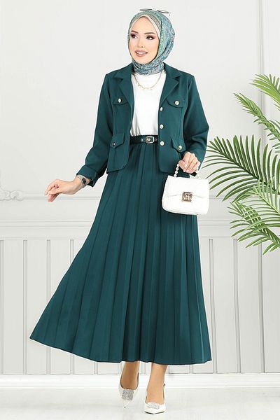 ModaMerve Double Breasted Collar Skirt Suit 4734Mp930-M Emerald