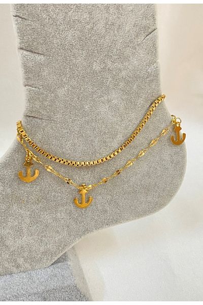 stainless steell Gold Color Anchor Model Elevator and Singapore Chain Steel Anklet