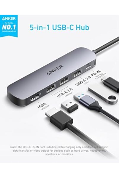 Anker موزع USB-C (5 في 1) مع HDMI بدقة 4K بتردد 30 هرتز، وتوصيل طاقة بحد أقصى 100 وات، ومنفذ بيانات USB-C وUSB-A