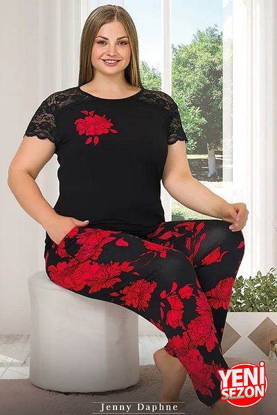 Jenny Daphne Plus Size Short Sleeve Crew Neck Red Rose Print Shoulder Lace Long Pajamas Set 10889