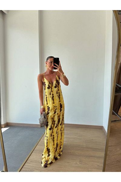 manana fashion Batik Pattern Brown Yellow Two Color Strap Summer Long Dress "Slim Fit"