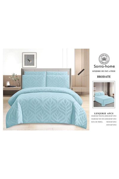 sonia home damasc Embroidered Cotton Bed Linen, Herringbone Design, 6 Pieces - Sonia Home Design - Blue