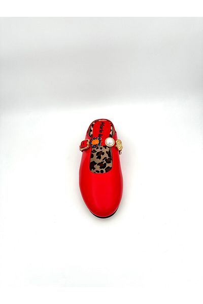 Mariolucci Women's Daily Stone Accessory Slippers (Leopard) Genuine Red Leather