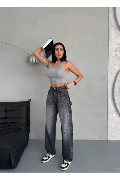 XBELLA DENİM Women's High Waist Ballon Fit Smoked Denim Pants with Stitched Detail and Axe Pocket
