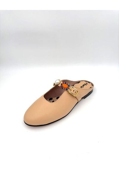 Mariolucci Women's Daily Stone Accessory Slippers (Leopard) Genuine Dark Beige Leather