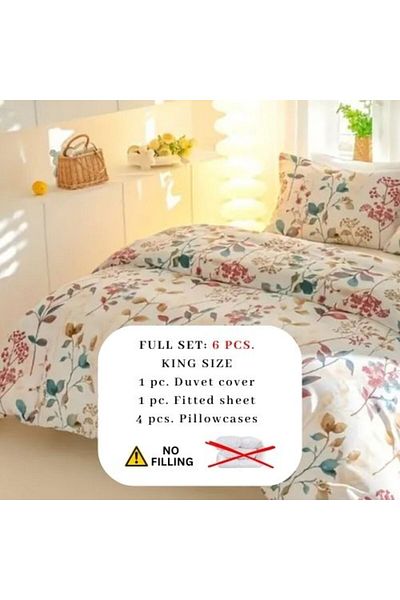 LUNA HOME طقم غطاء لحاف مكون من 6 قطع بنمط زهور نباتية باللون الأحمر، مقاس كينج.
