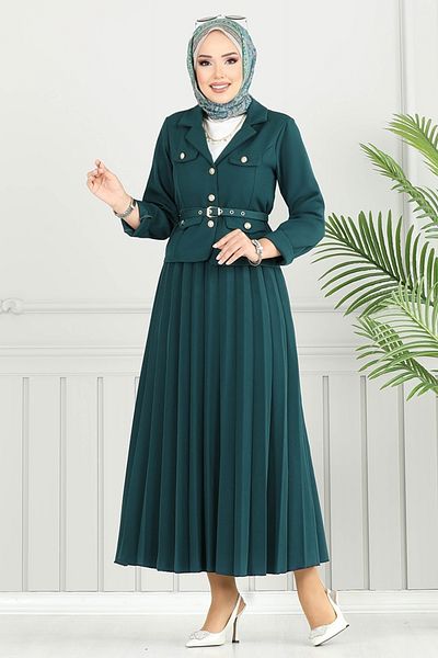 ModaMerve Double Breasted Collar Skirt Suit 4734Mp930-M Emerald