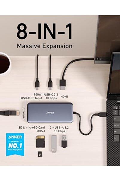 Anker موزع USB-C 8 في 1 مع توصيل طاقة 100 وات ومنفذ HDMI بدقة 4K