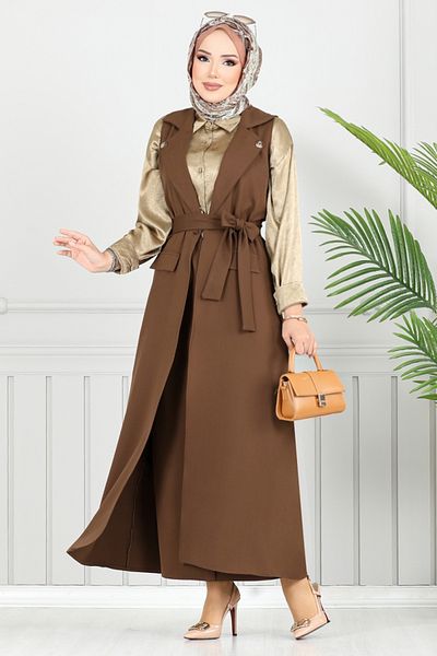 ModaMerve Σετ Hijab με διπλό γιακά 23100UKB929-M Καφέ